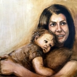 SOLD - Mother and boy, oil on marine ply, 55cm x 70cm